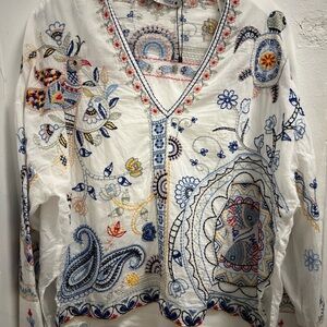 CLEARANCE!!!!! Zara Cream and Blue Graphic Embellished Blouse
